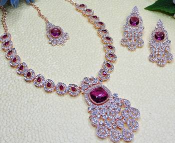 Purple rose gold premium designer american diamond and stone work necklace set 3