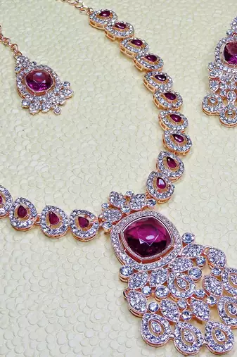 Purple rose gold premium designer american diamond and stone work necklace set
