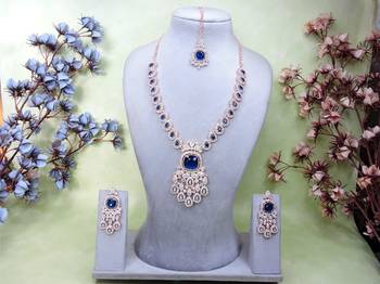 Blue rose gold premium designer american diamond and stone work necklace set 1