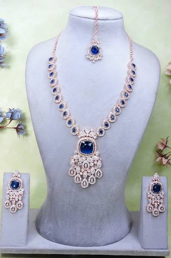 Blue rose gold premium designer american diamond and stone work necklace set