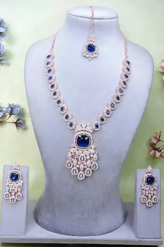 Blue rose gold premium designer american diamond and stone work necklace set