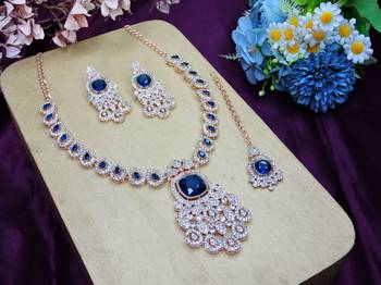 Blue rose gold premium designer american diamond and stone work necklace set 2