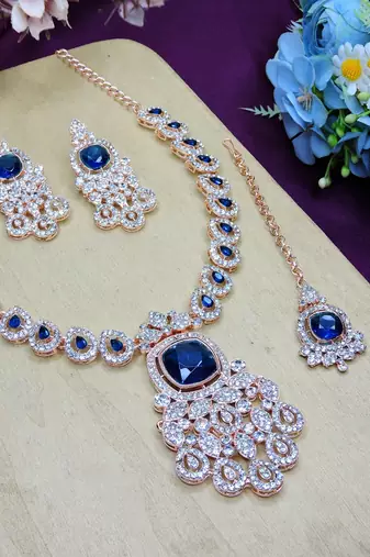 Blue rose gold premium designer american diamond and stone work necklace set