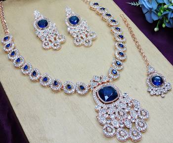 Blue rose gold premium designer american diamond and stone work necklace set 3