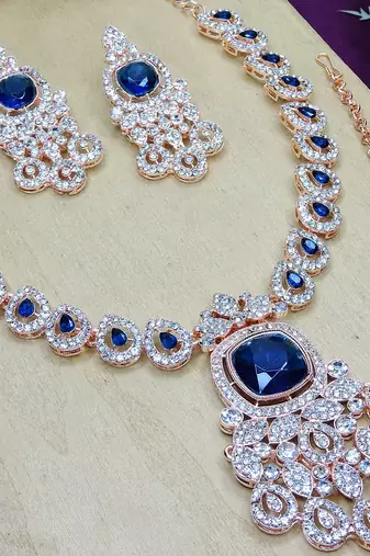 Blue rose gold premium designer american diamond and stone work necklace set