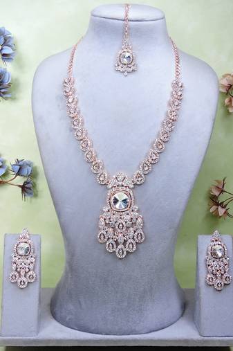 White rose gold premium designer american diamond and stone work necklace set