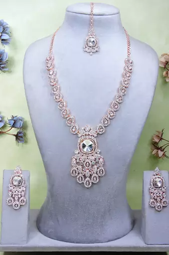 White rose gold premium designer american diamond and stone work necklace set