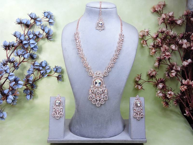 White rose gold premium designer american diamond and stone work necklace set