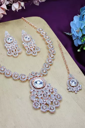 White rose gold premium designer american diamond and stone work necklace set