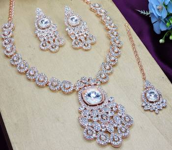 White rose gold premium designer american diamond and stone work necklace set 3