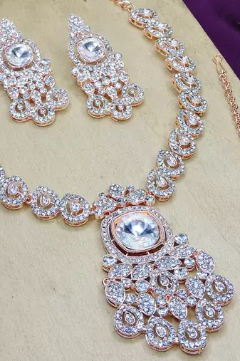White rose gold premium designer american diamond and stone work necklace set