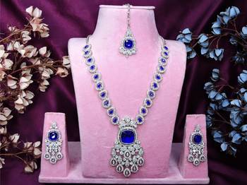 Blue rhodium premium designer american diamond and stone work necklace set 1