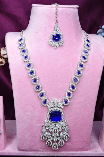 Blue rhodium premium designer american diamond and stone work necklace set