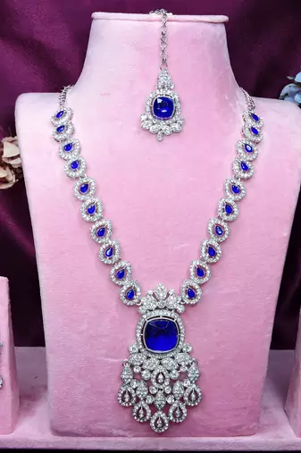 Blue rhodium premium designer american diamond and stone work necklace set