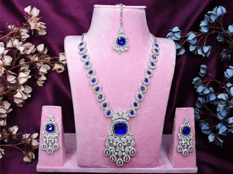 Blue rhodium premium designer american diamond and stone work necklace set