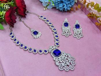 Blue rhodium premium designer american diamond and stone work necklace set 2