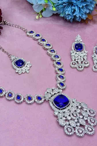 Blue rhodium premium designer american diamond and stone work necklace set