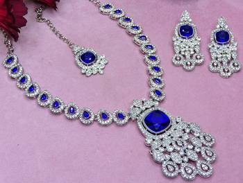 Blue rhodium premium designer american diamond and stone work necklace set 3