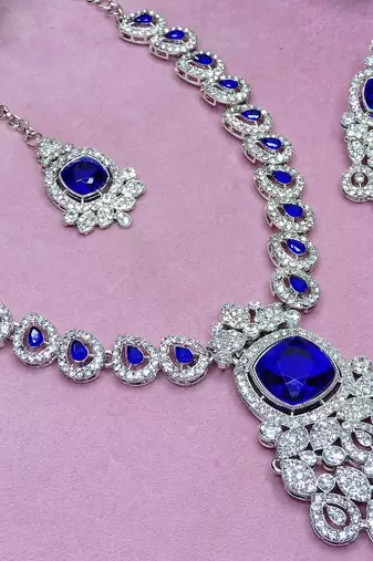 Blue rhodium premium designer american diamond and stone work necklace set