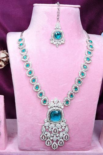 Green rhodium premium designer american diamond and stone work necklace set