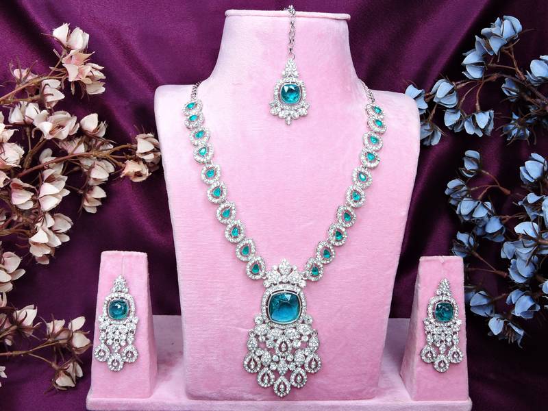 Green rhodium premium designer american diamond and stone work necklace set
