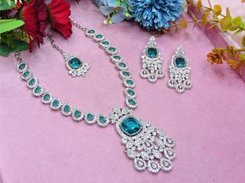 Green rhodium premium designer american diamond and stone work necklace set 2
