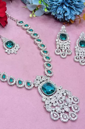 Green rhodium premium designer american diamond and stone work necklace set