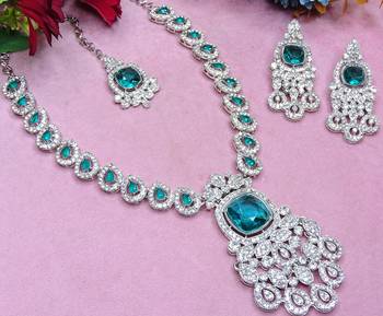 Green rhodium premium designer american diamond and stone work necklace set 3