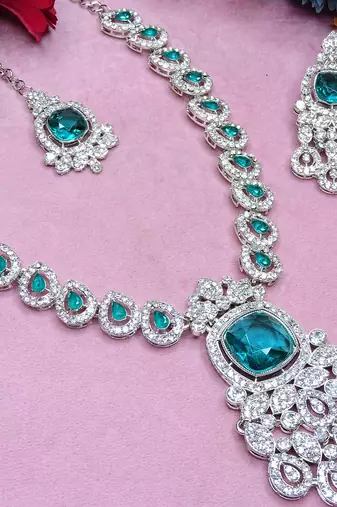 Green rhodium premium designer american diamond and stone work necklace set