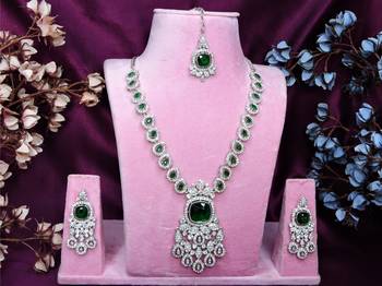 Green rhodium premium designer american diamond and stone work necklace set 1