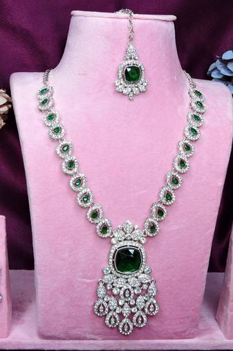 Green rhodium premium designer american diamond and stone work necklace set