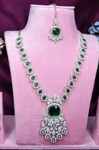 Green rhodium premium designer american diamond and stone work necklace set
