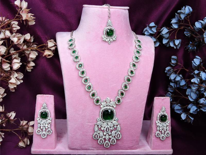 Green rhodium premium designer american diamond and stone work necklace set
