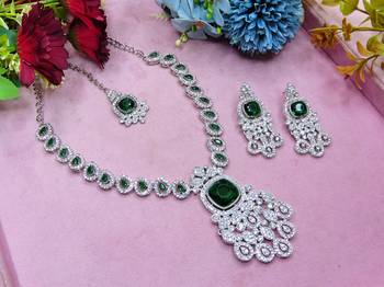 Green rhodium premium designer american diamond and stone work necklace set 2