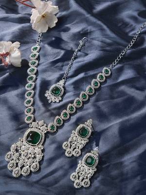 Green rhodium premium designer american diamond and stone work necklace set 3