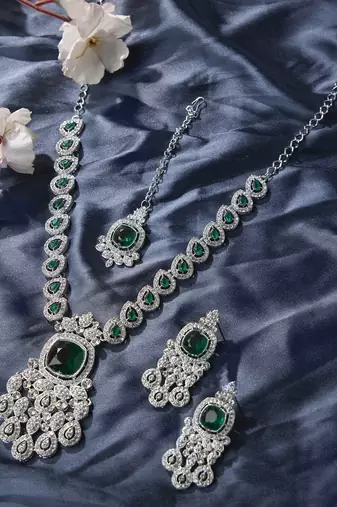 Green rhodium premium designer american diamond and stone work necklace set