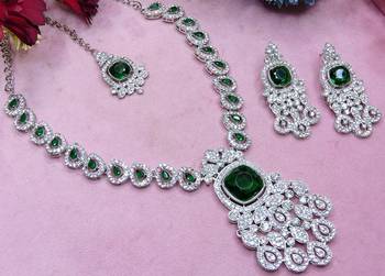 Green rhodium premium designer american diamond and stone work necklace set 4