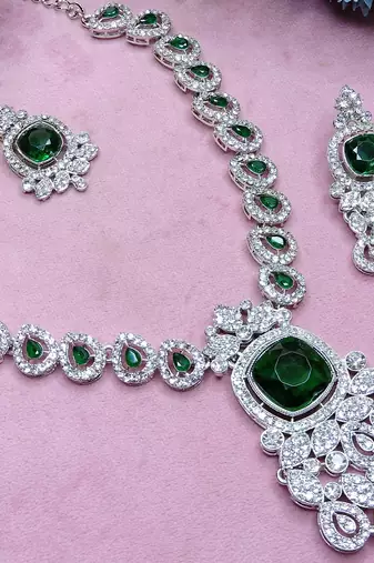 Green rhodium premium designer american diamond and stone work necklace set