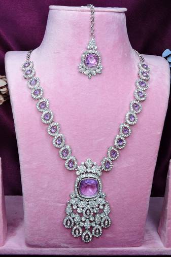 Purple rhodium premium designer american diamond and stone work necklace set