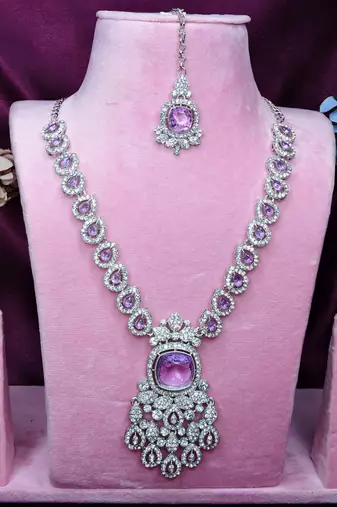 Purple rhodium premium designer american diamond and stone work necklace set