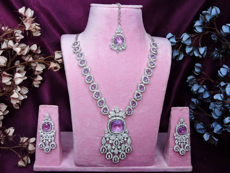 Purple rhodium premium designer american diamond and stone work necklace set