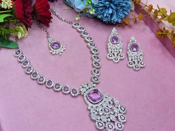 Purple rhodium premium designer american diamond and stone work necklace set 2