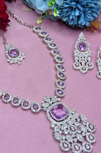 Purple rhodium premium designer american diamond and stone work necklace set