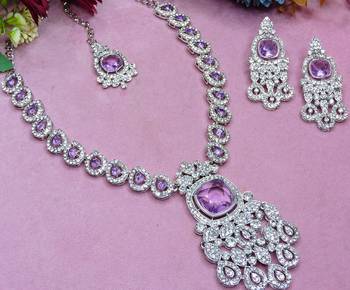 Purple rhodium premium designer american diamond and stone work necklace set 3