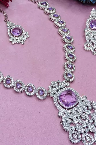 Purple rhodium premium designer american diamond and stone work necklace set