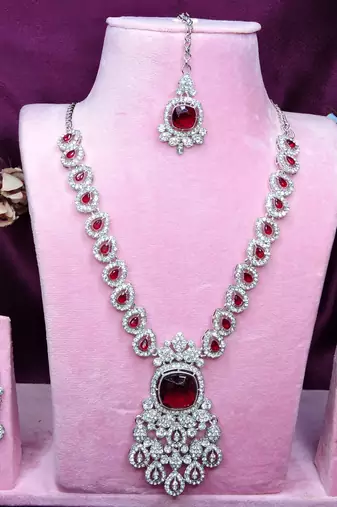 Maroon rhodium premium designer american diamond and stone work necklace set