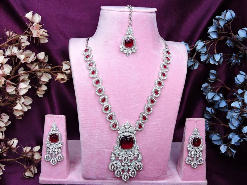Maroon rhodium premium designer american diamond and stone work necklace set