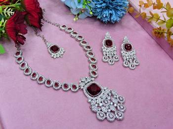 Maroon rhodium premium designer american diamond and stone work necklace set 2