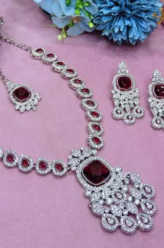 Maroon rhodium premium designer american diamond and stone work necklace set