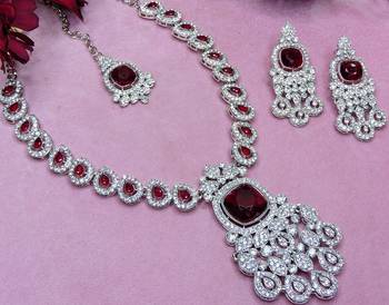 Maroon rhodium premium designer american diamond and stone work necklace set 3